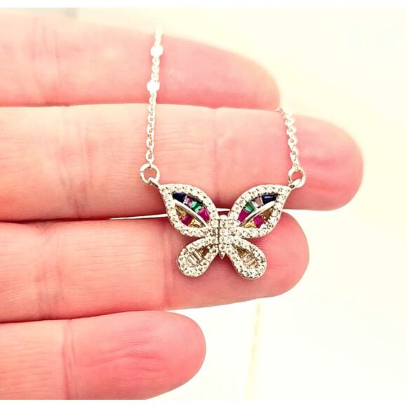 Dainty Butterfly Pendant Multi-color Rainbow CZ Adjustable Silver Chain Sparkly - Picture 8 of 9